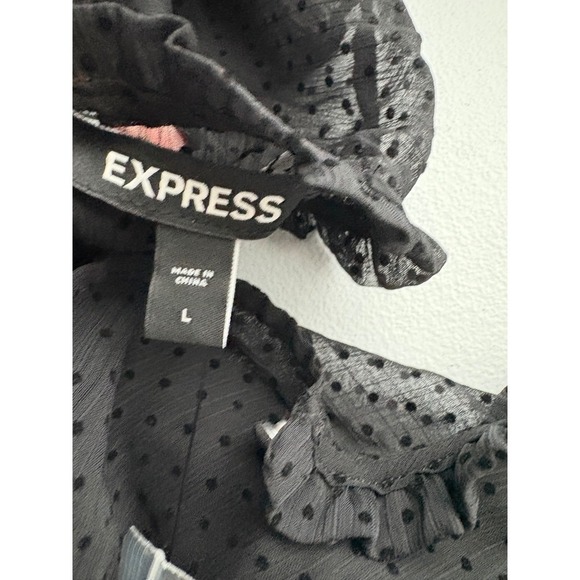 Express Smocked Peplum Top Swiss Dot Ruffle Trim Puff Sleeve Black L - Picture 4 of 8